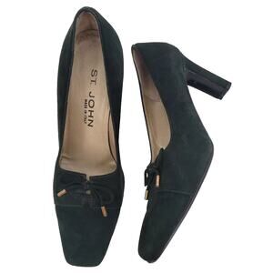 St John Size 6.5‎ Suede Leather High Heels Dark Green Square Toe Women's Pumps